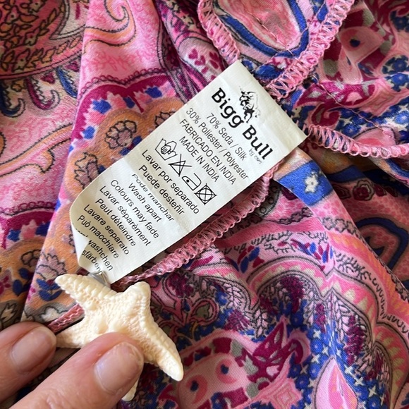 SILK Blend Bohemian Boho Tie Neck Pink Paisley Midi Dress - Picture 7 of 10